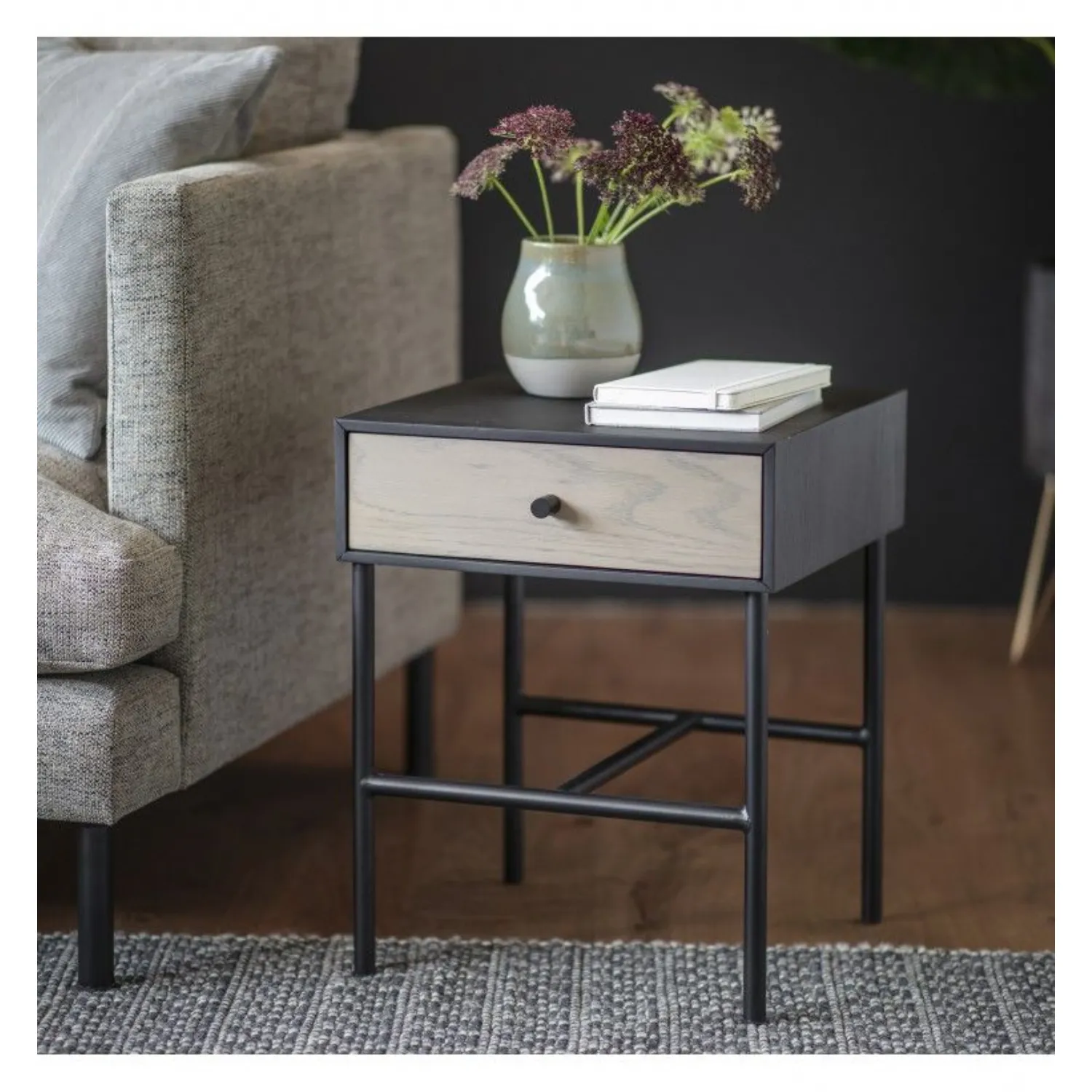 Grey and Black Oak Wood Bedside Table with Drawer