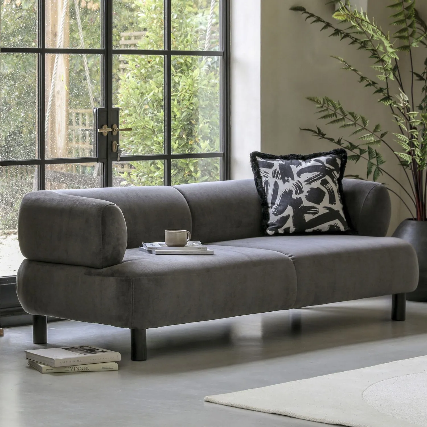 Grey Fabric 3 Seater Standard Back Sofa Dark Wood Legs