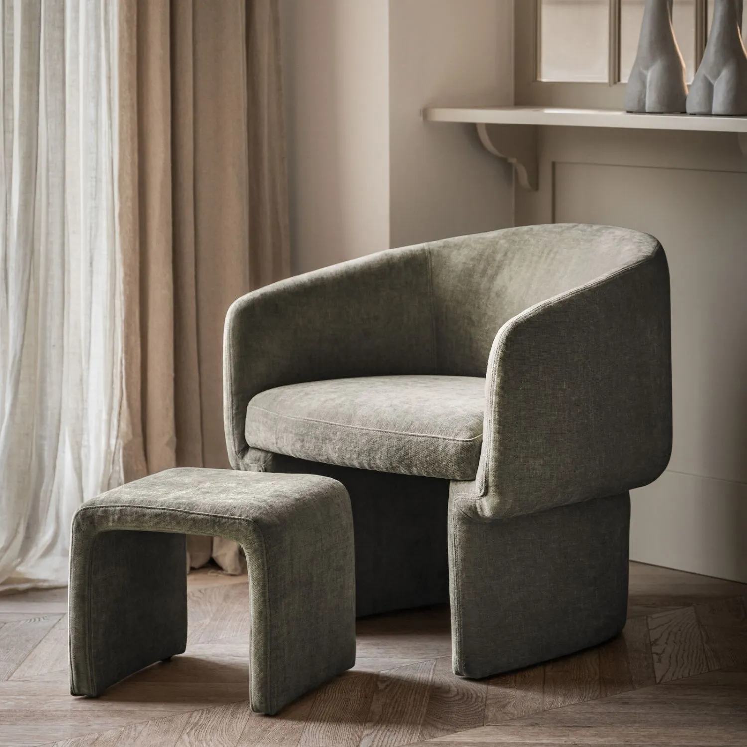 Retro Grey Fabric Curved Back Armchair