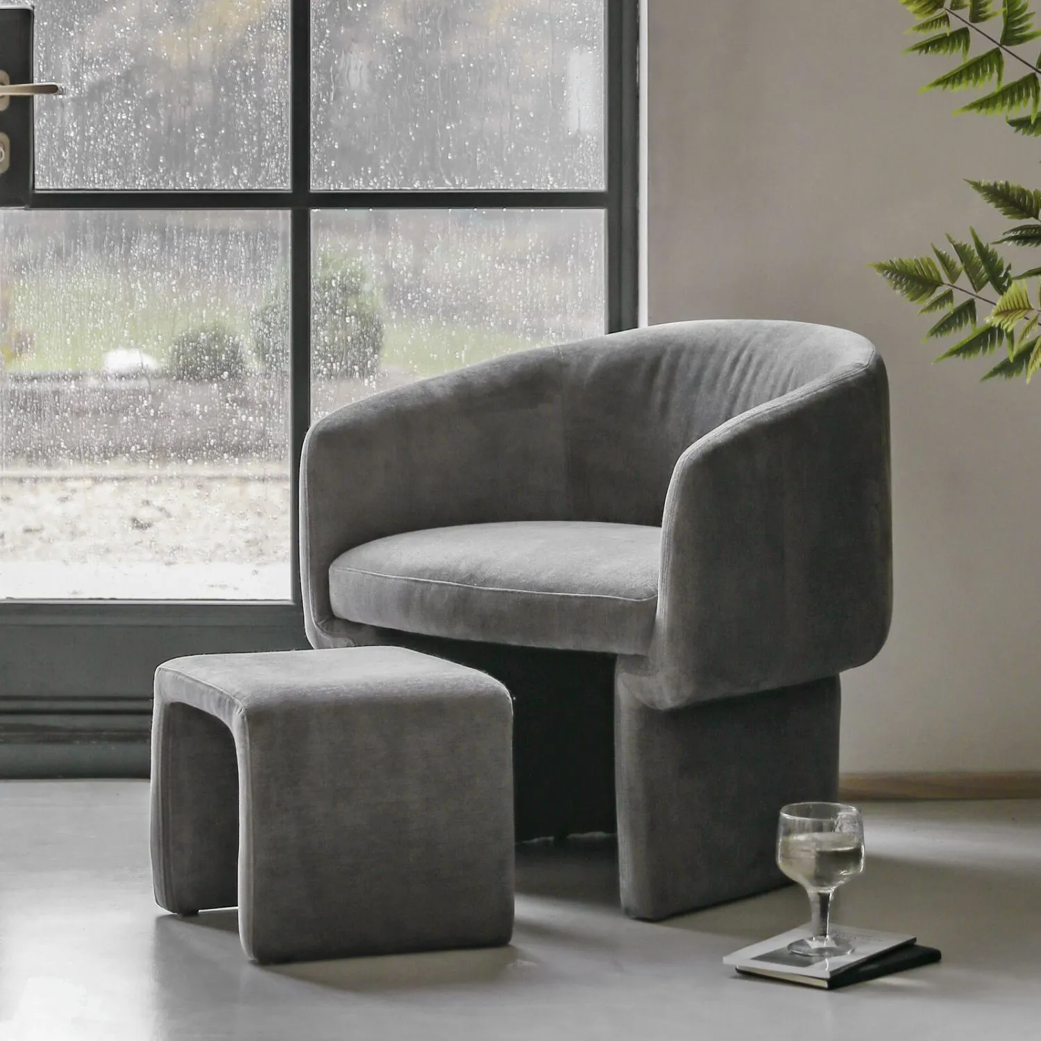 Retro Grey Fabric Curved Back Armchair with Footstool
