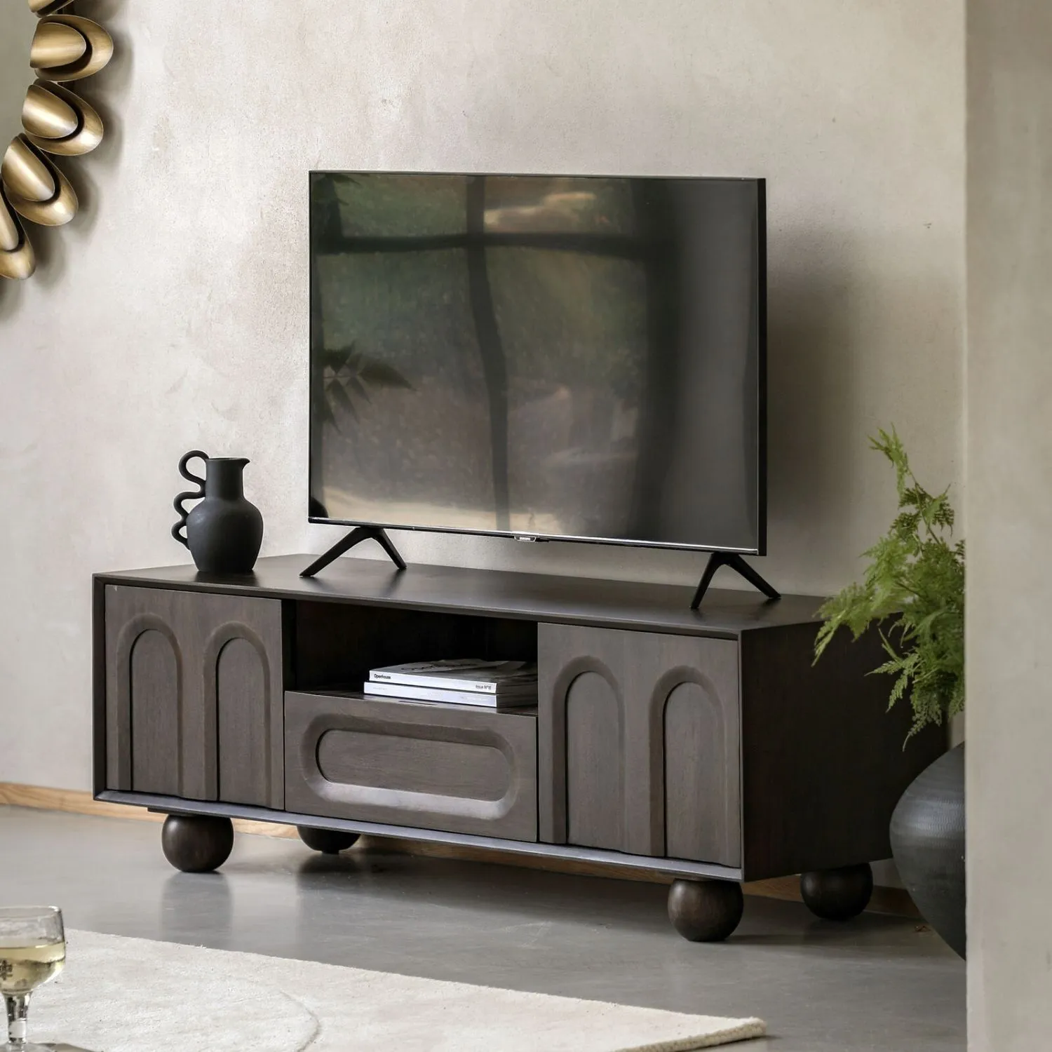 Retro Bold Dark Wood Arched TV Media Unit 140cm Wide