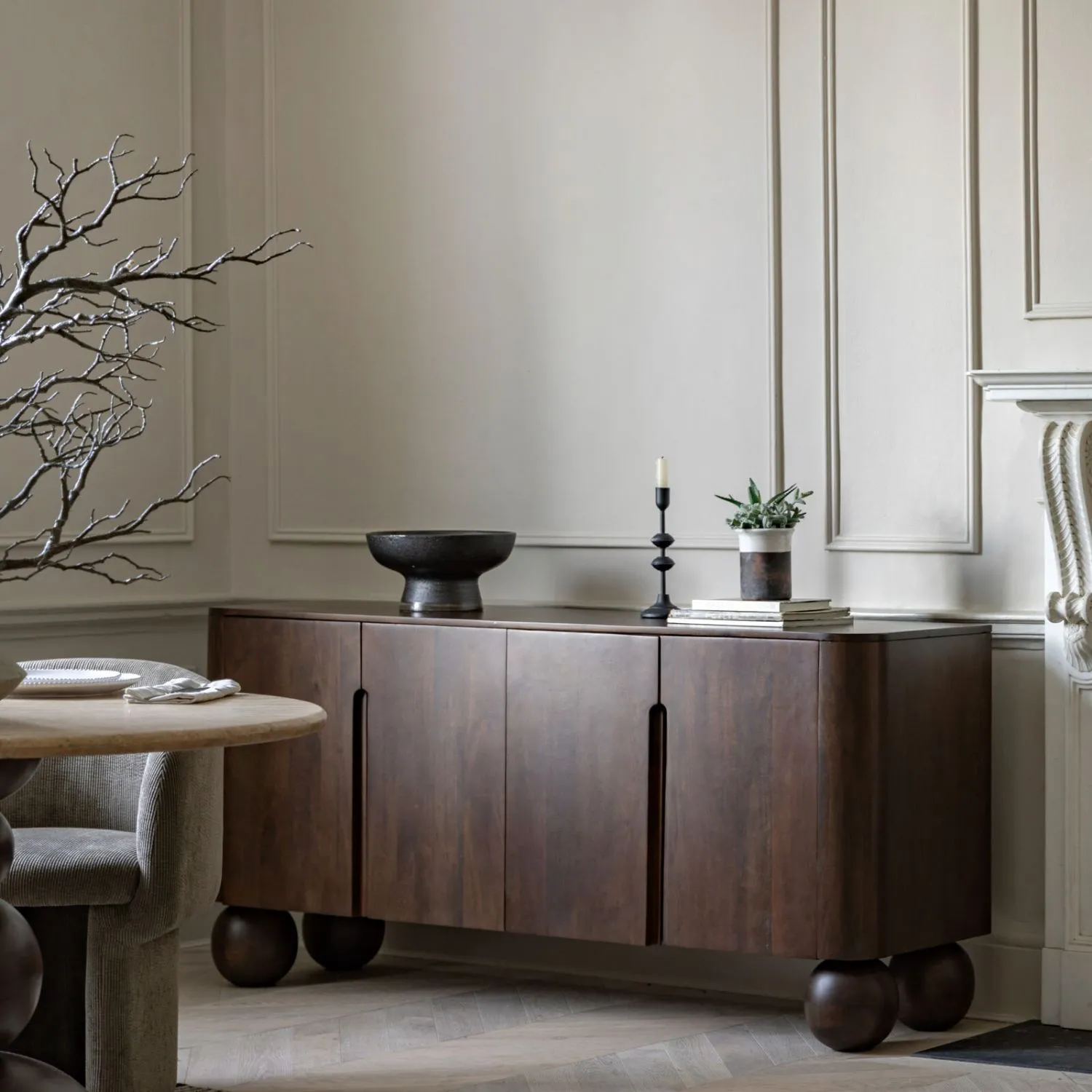 Retro Style Dark Wood 4 Doors Wide Sideboard