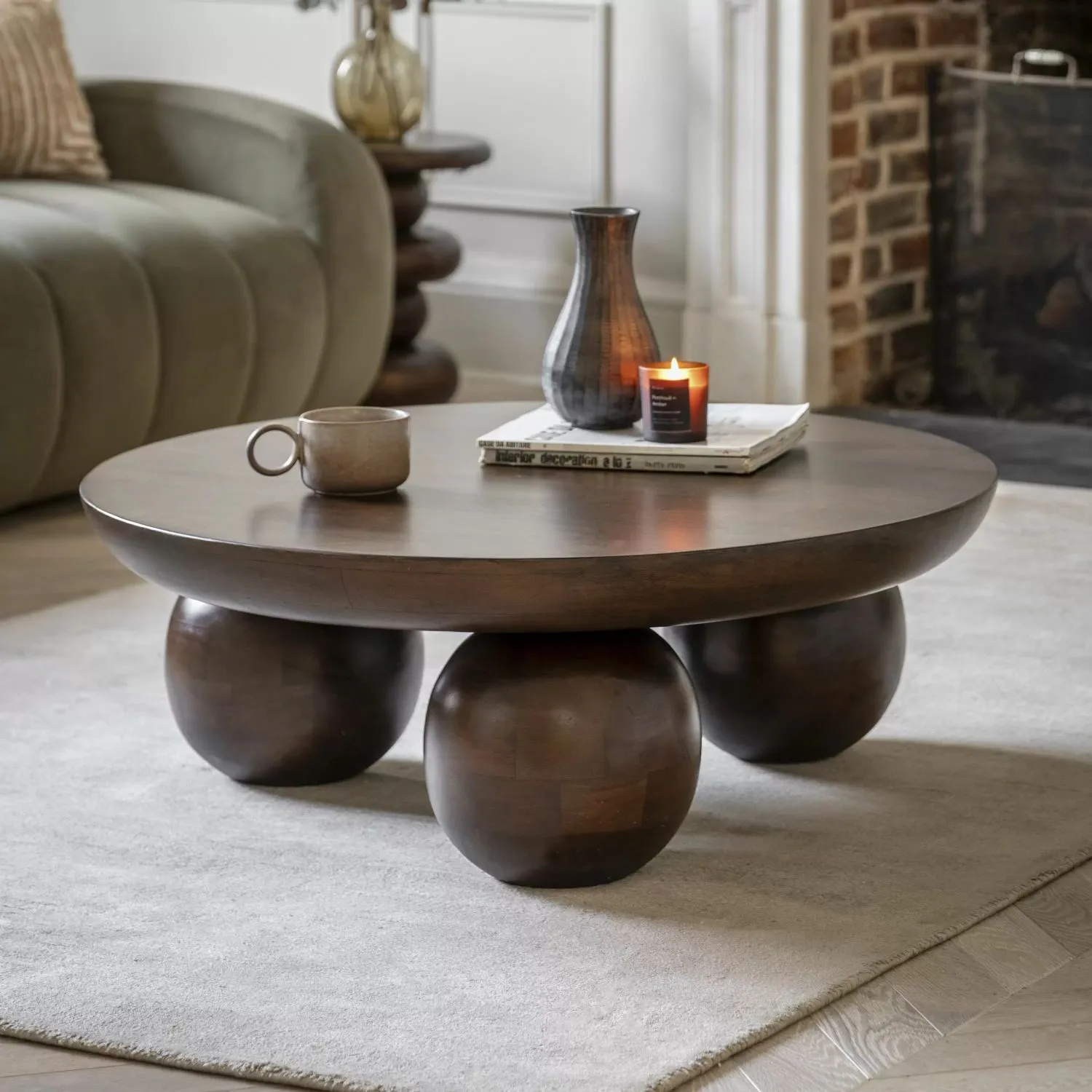 Dark Wood Round Spheres Coffee Table 90cm Diameter