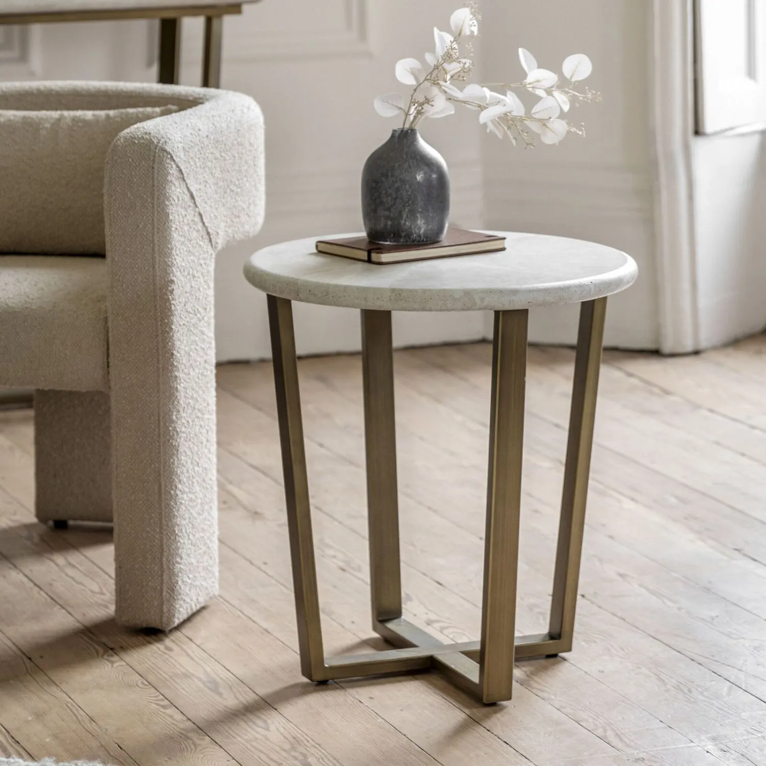 Travertine Effect Top Side Table Bronzed Brass Metal Base