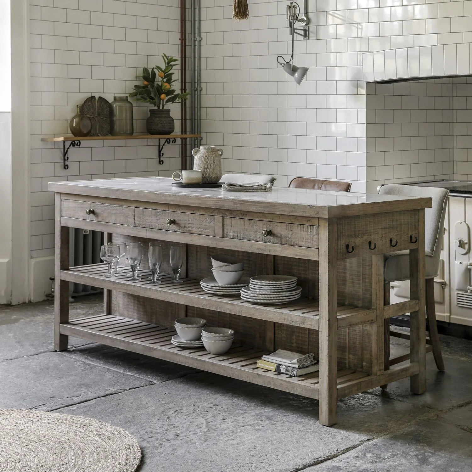 Large Natural Wood Marble Top 3 Drawer Kitchen Island