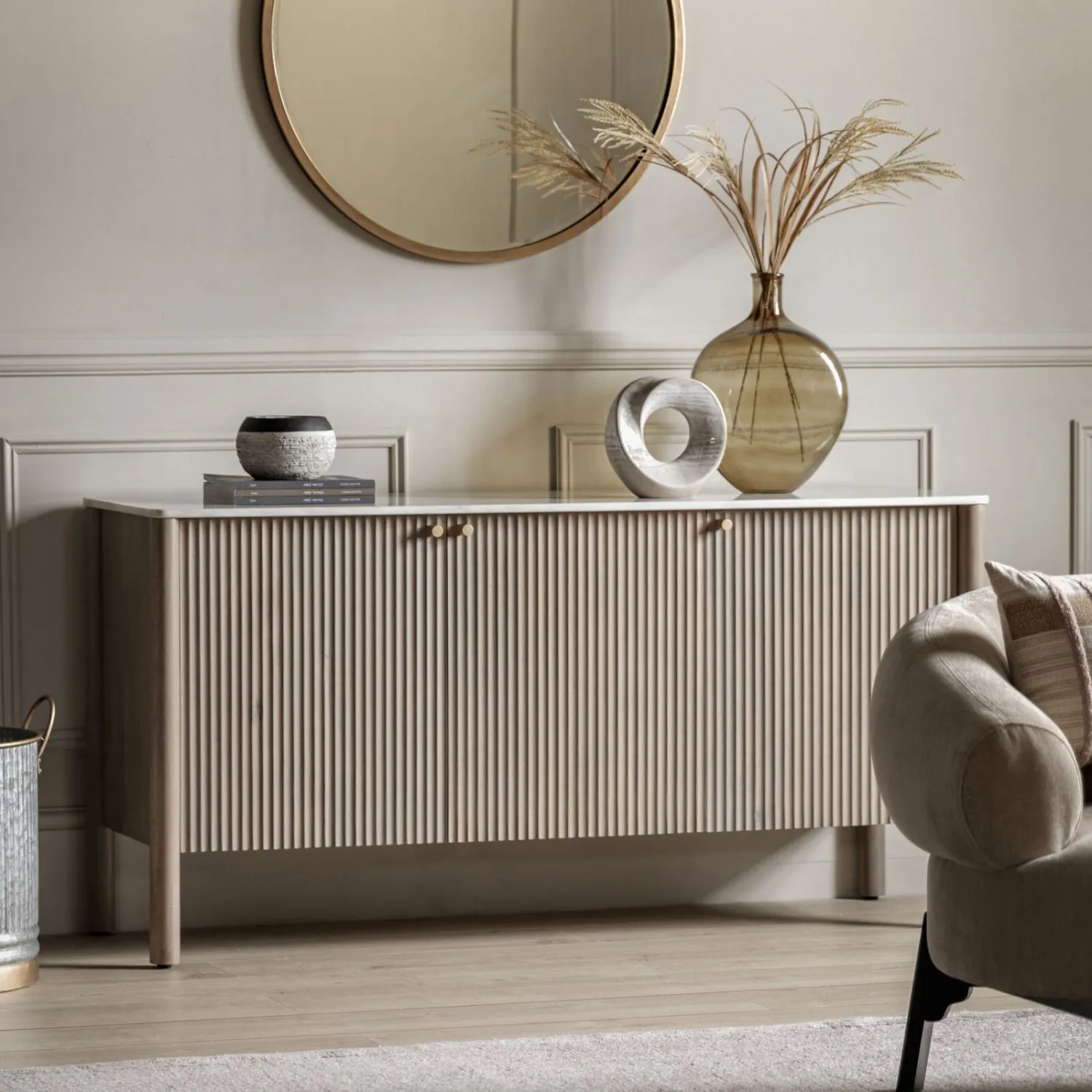 White Marble Top Greywash Wood Ribbed 3 Door Sideboard