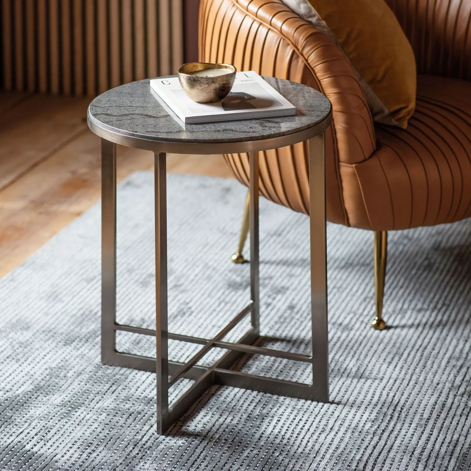 Grey Marble Top Black Round Occasional Side Table