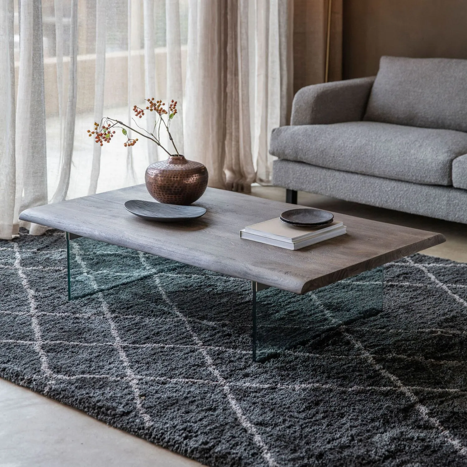 Natural Wood Coffee Table with Tempered Glass Legs