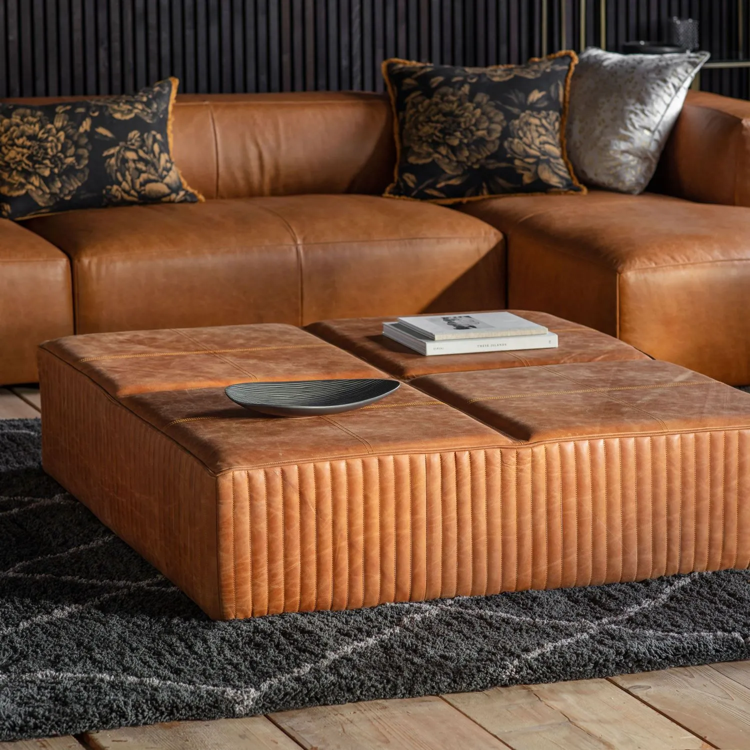 Tan leather coffee table shop ottoman