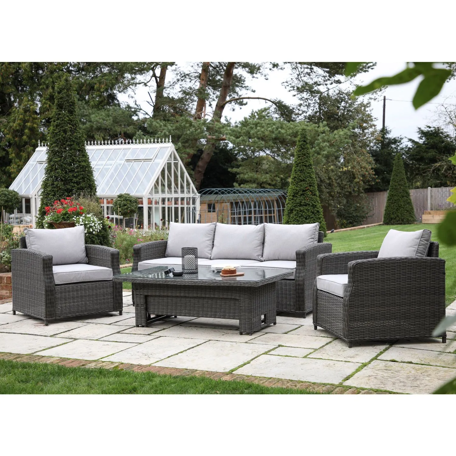 Grey Rattan 3 Seater Sofa Rising Garden Dining Table Set