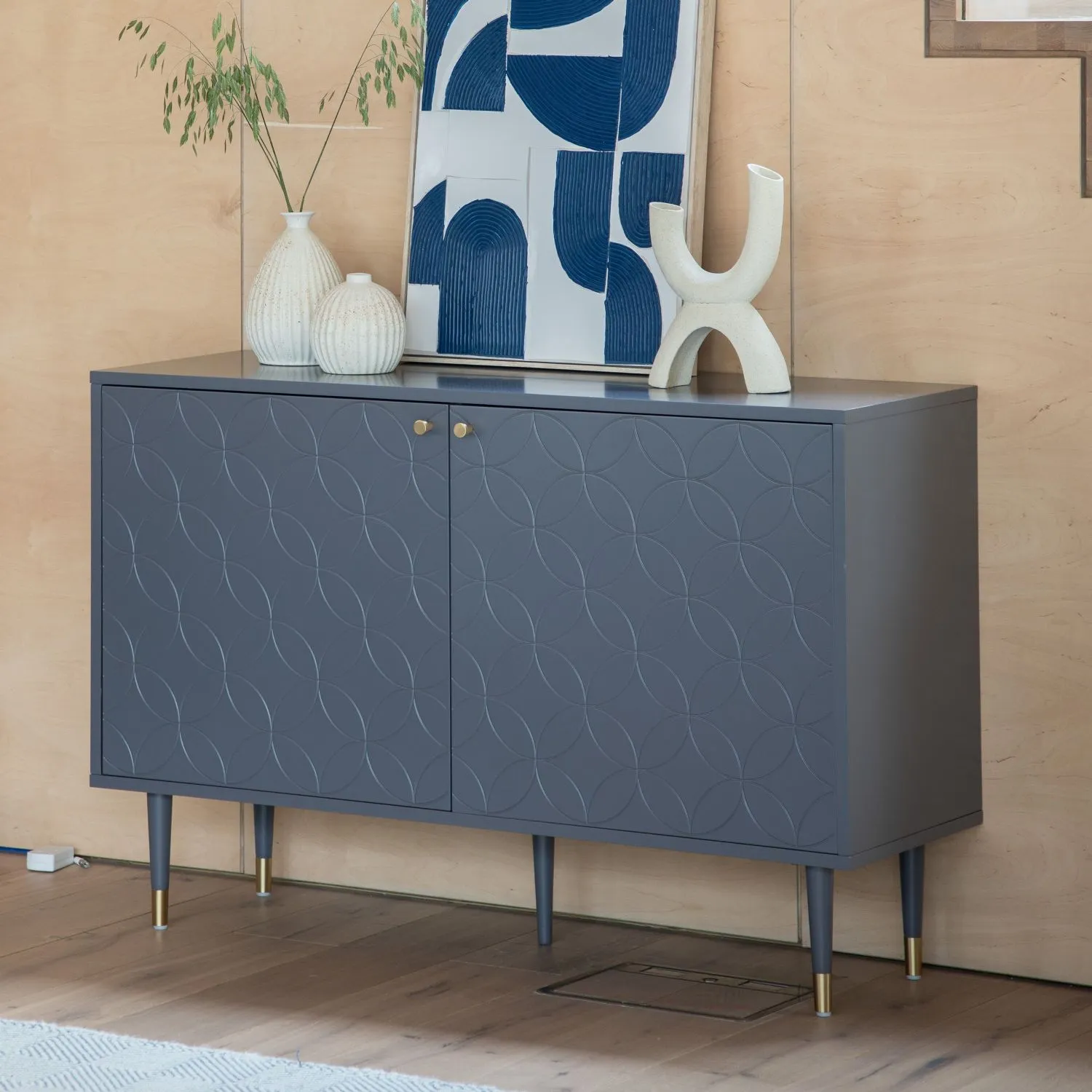 Grey Geometric Circular Patterned 2 Door Sideboard