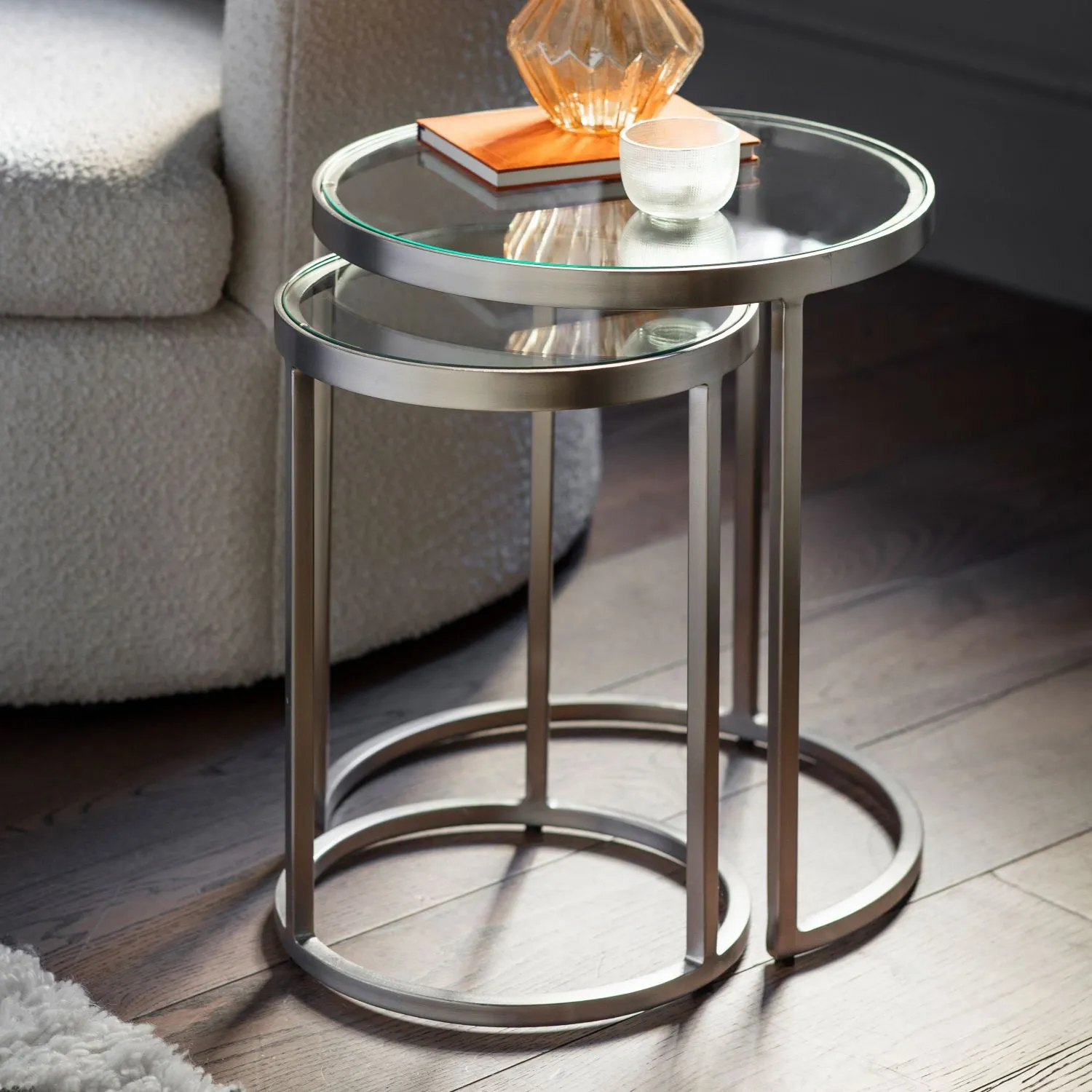 Silver Round Glass Top Nest of 2 Side Tables