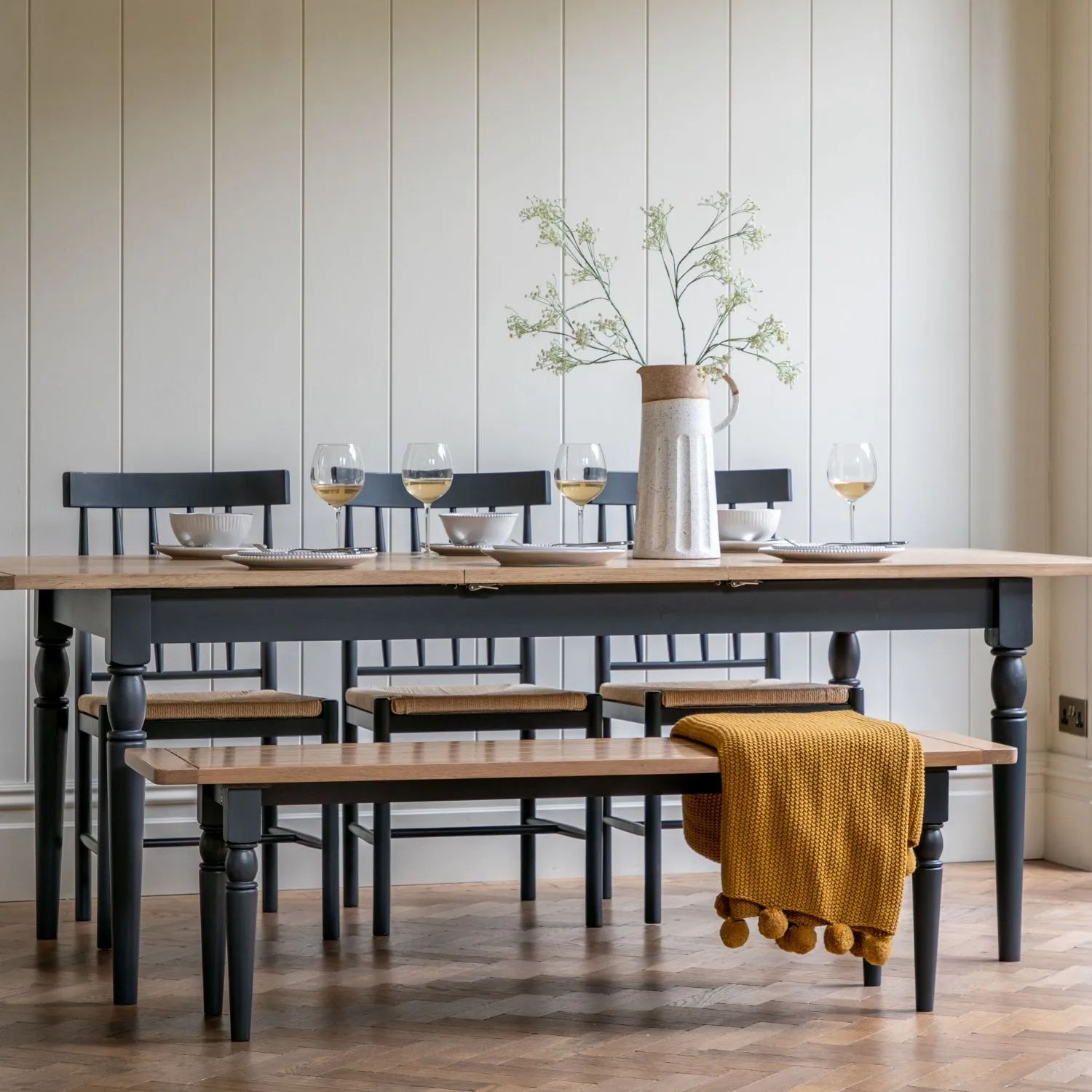 Grey Painted Rustic Oak Plank Top Extending Dining Table