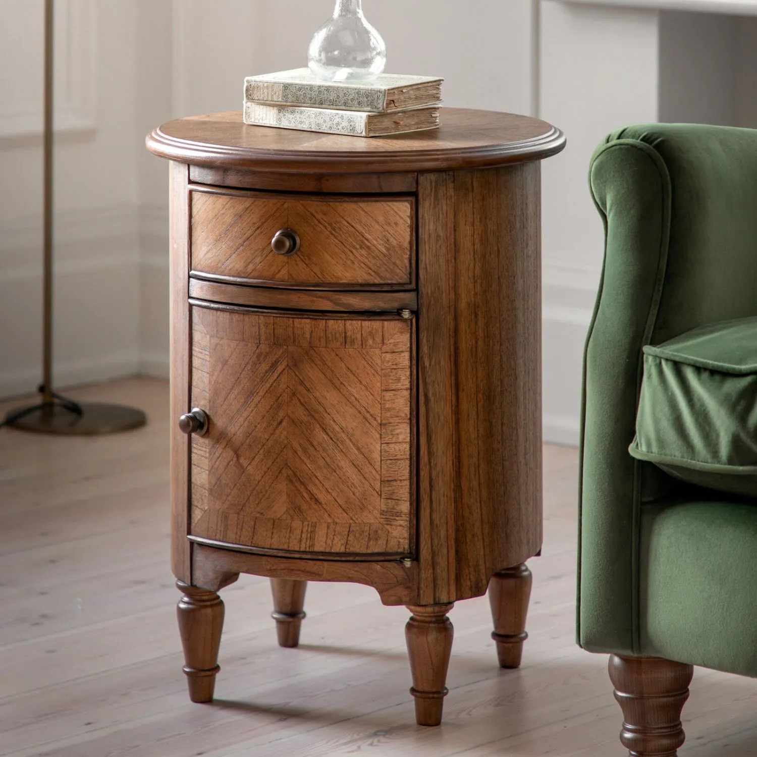 Round Inlaid Wood Drum Shape Occasional Side Table