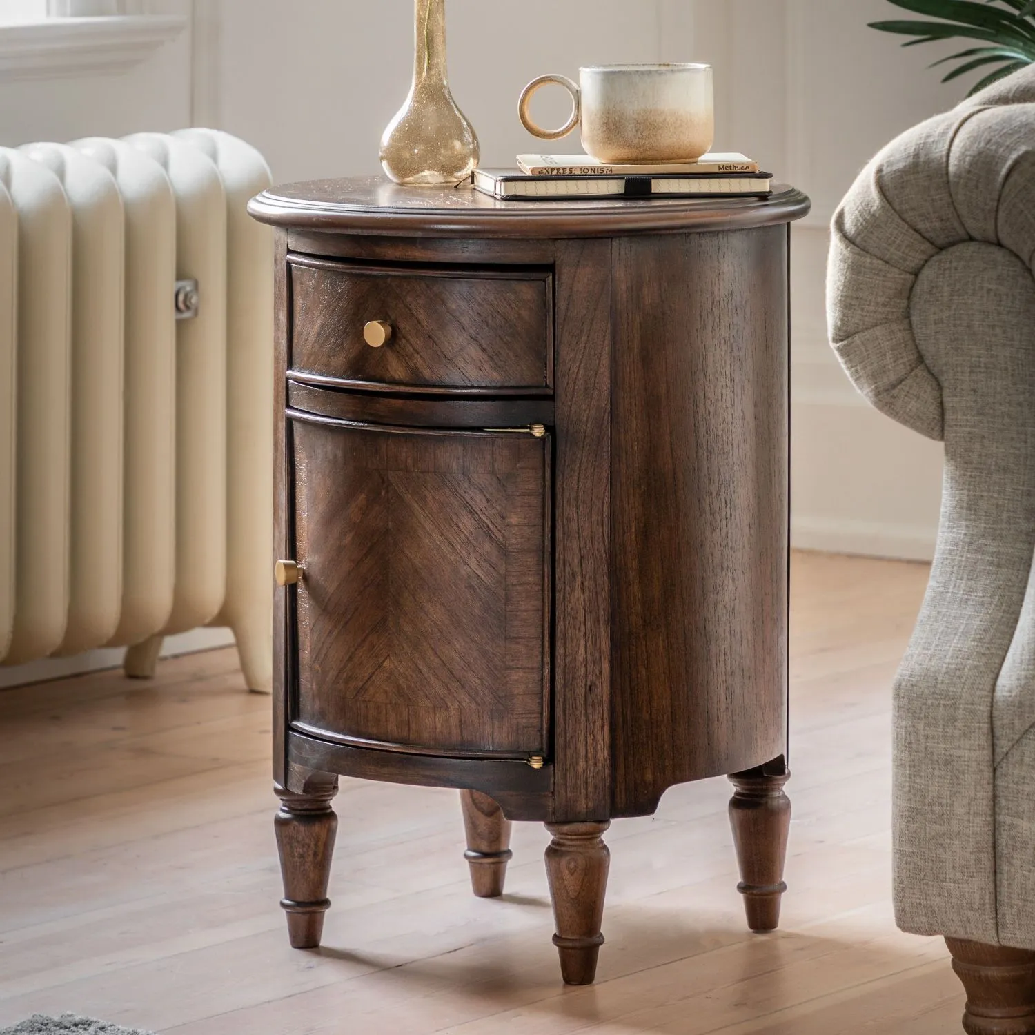 Retro Drum Dark Wood Round Side Table with 1 Drawer 1 Door