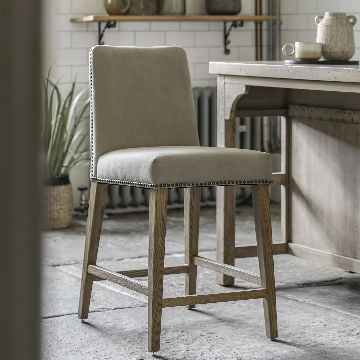 Oak Wooden Cement Grey Linen Fabric Bar Stool Angled Legs Ellis Home Interiors