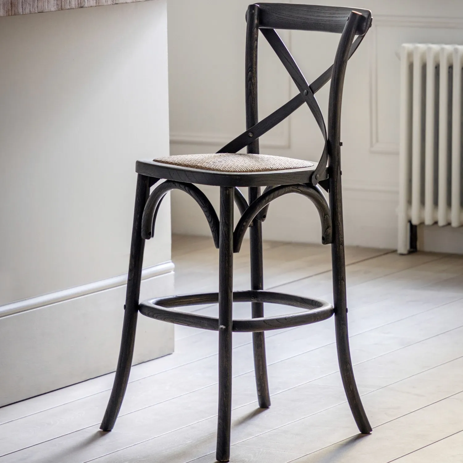 Black Painted French Bistro Wooden Bar Stool Rattan Seat