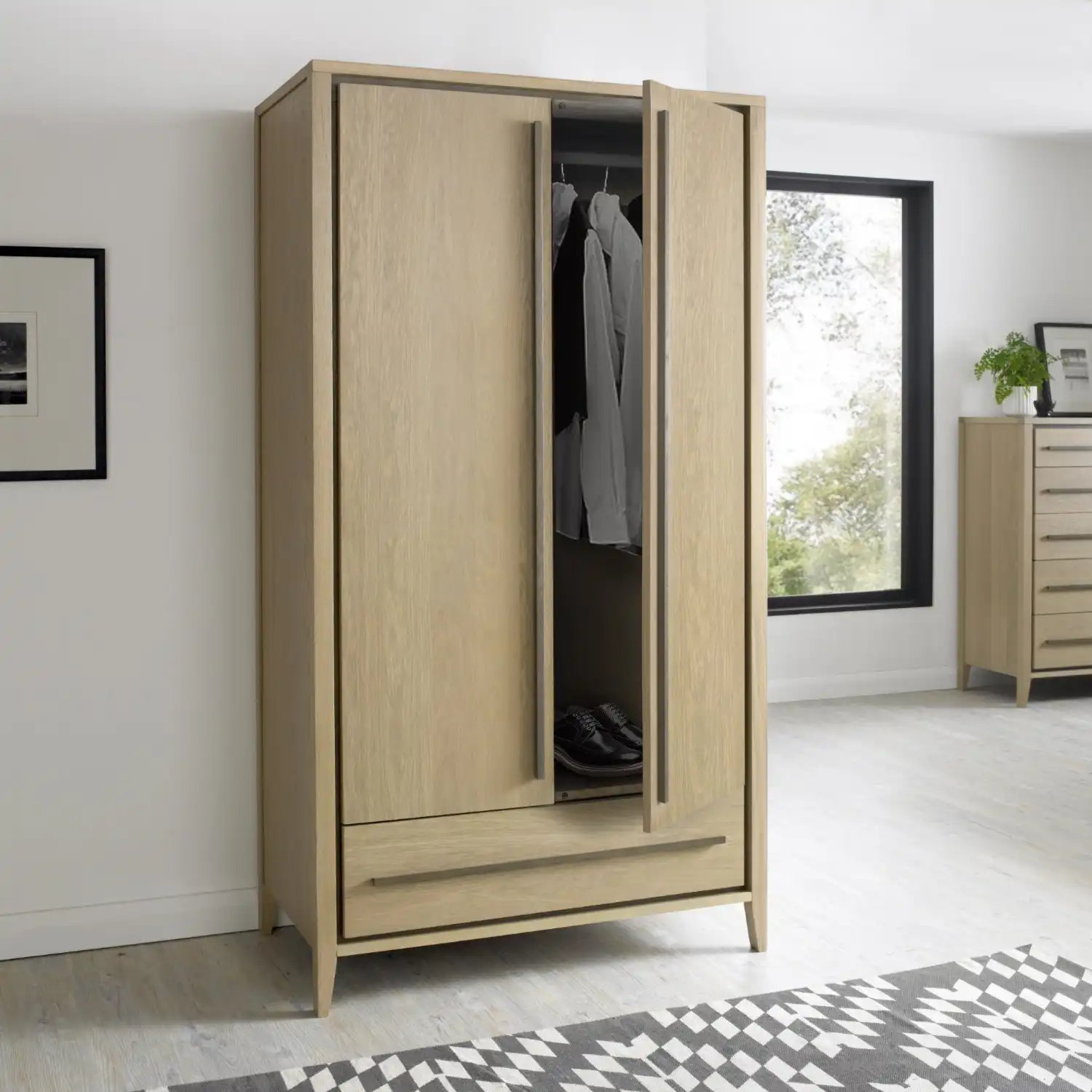 Weathered Oak Tall Double Gents Wardrobe 2 Doors 1 Drawer