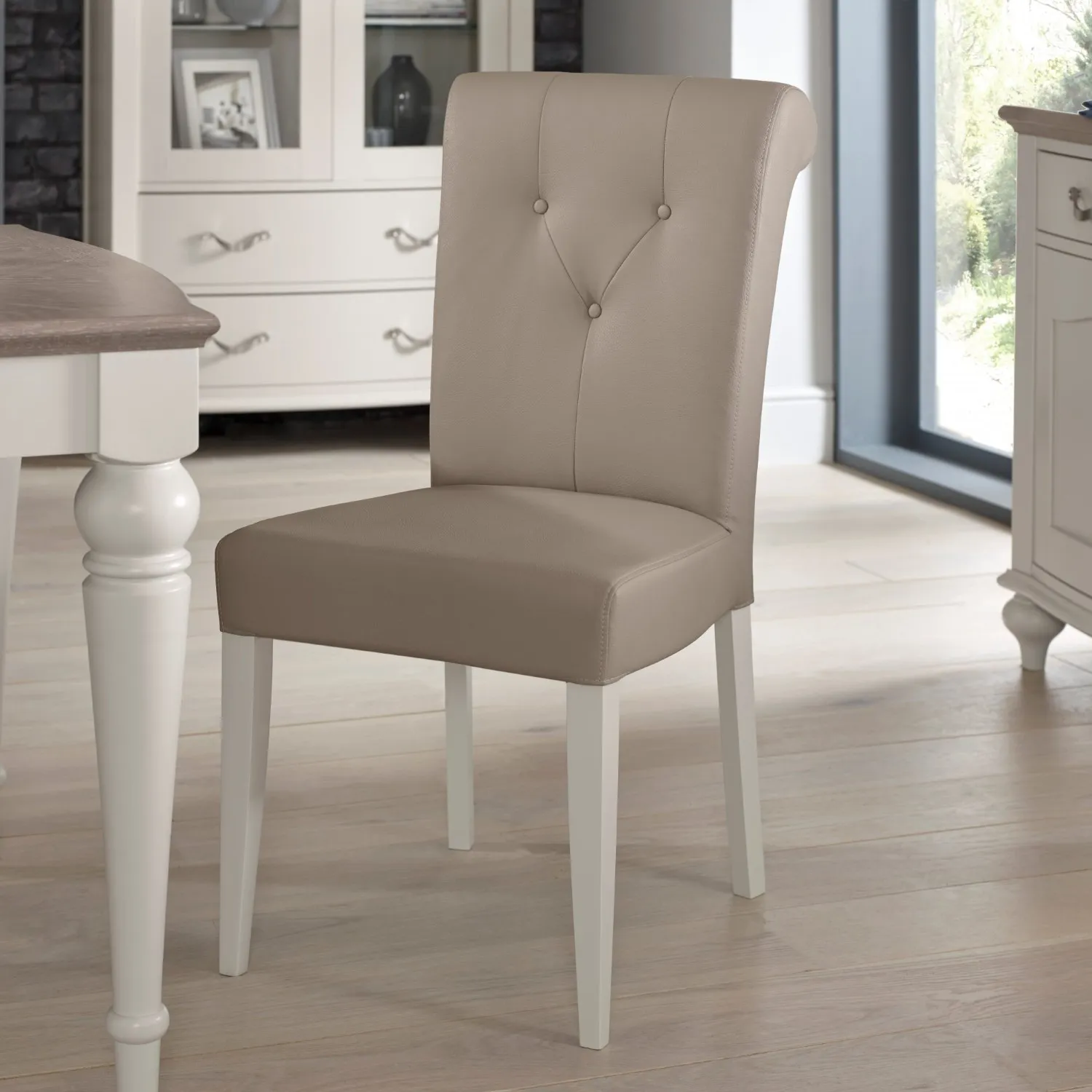 Grey Painted Grey Leather Buttoned Roll Back Dining Chair