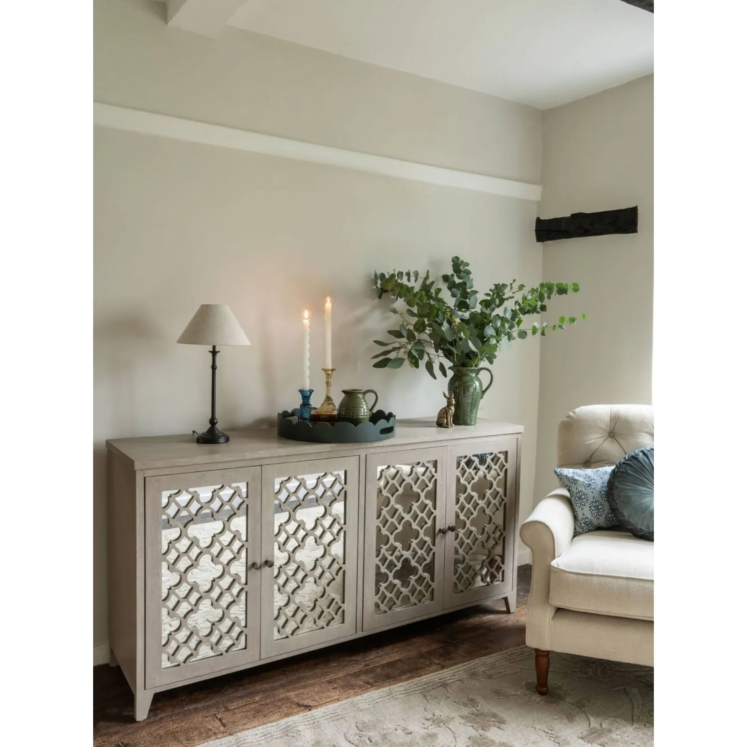 Laura Ashley Large Grey Wooden Mirrored 4 Door Sideboard