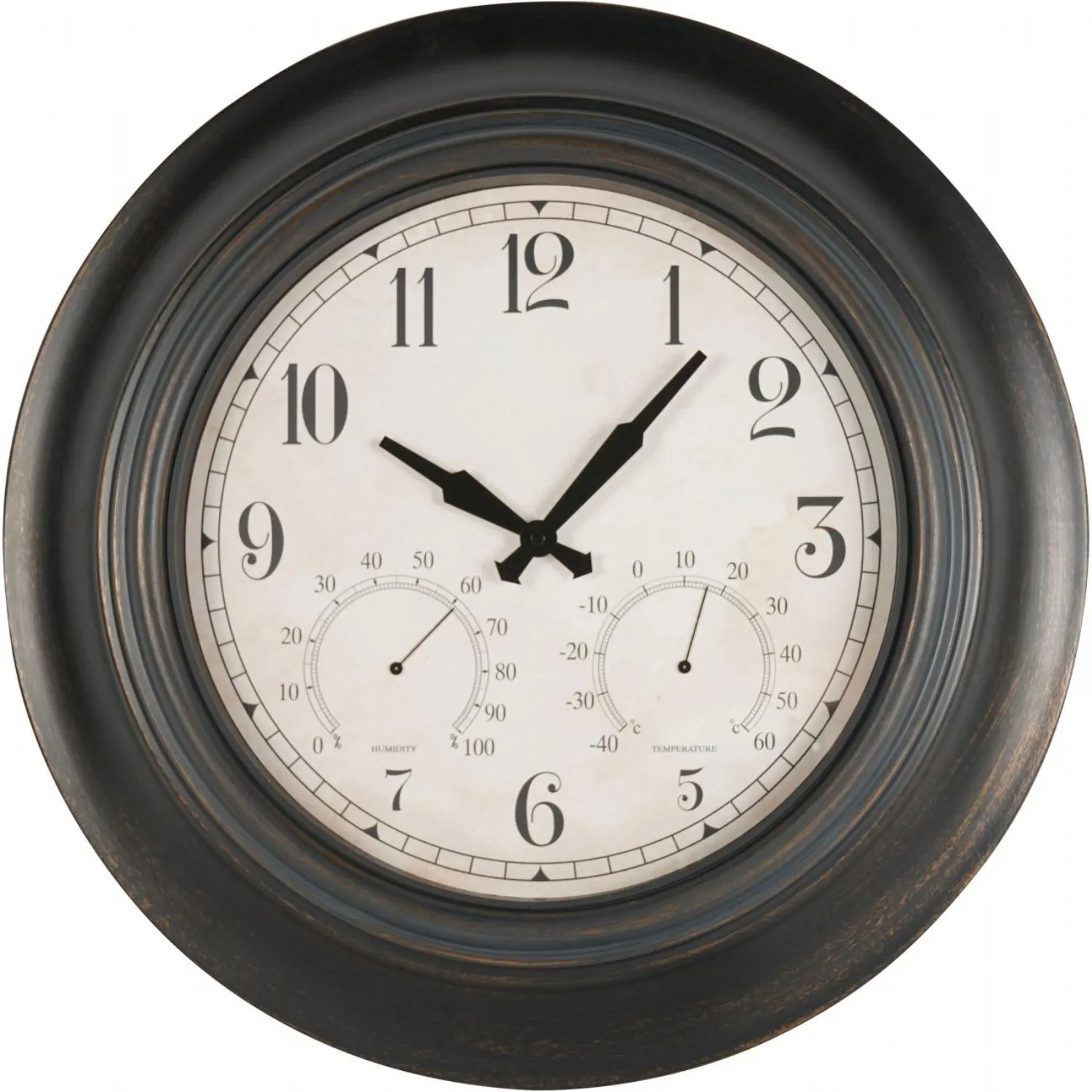 Black Outdoor Metal Clock with Temp and Humidity Dials