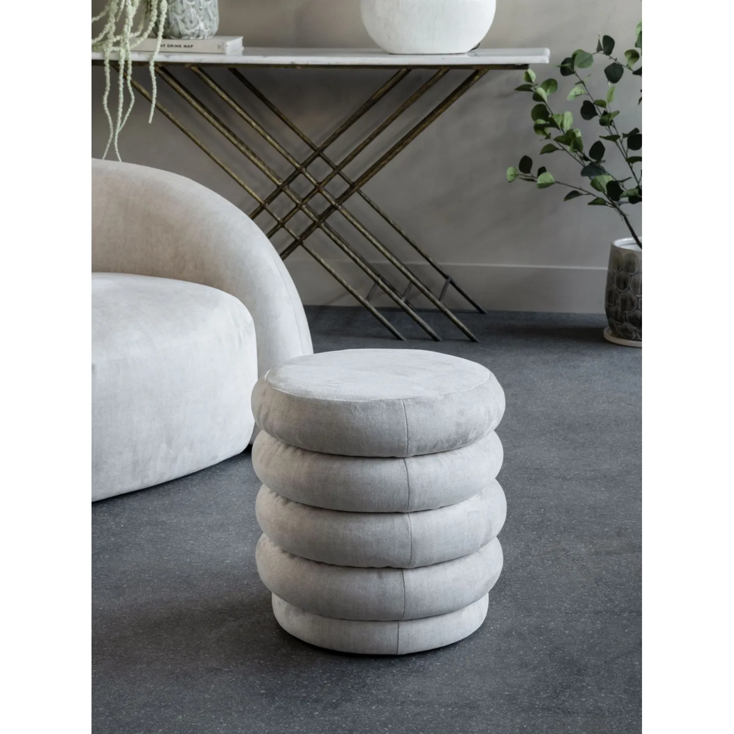 Cream Fabric Stool with 4 Padded Bands and Base