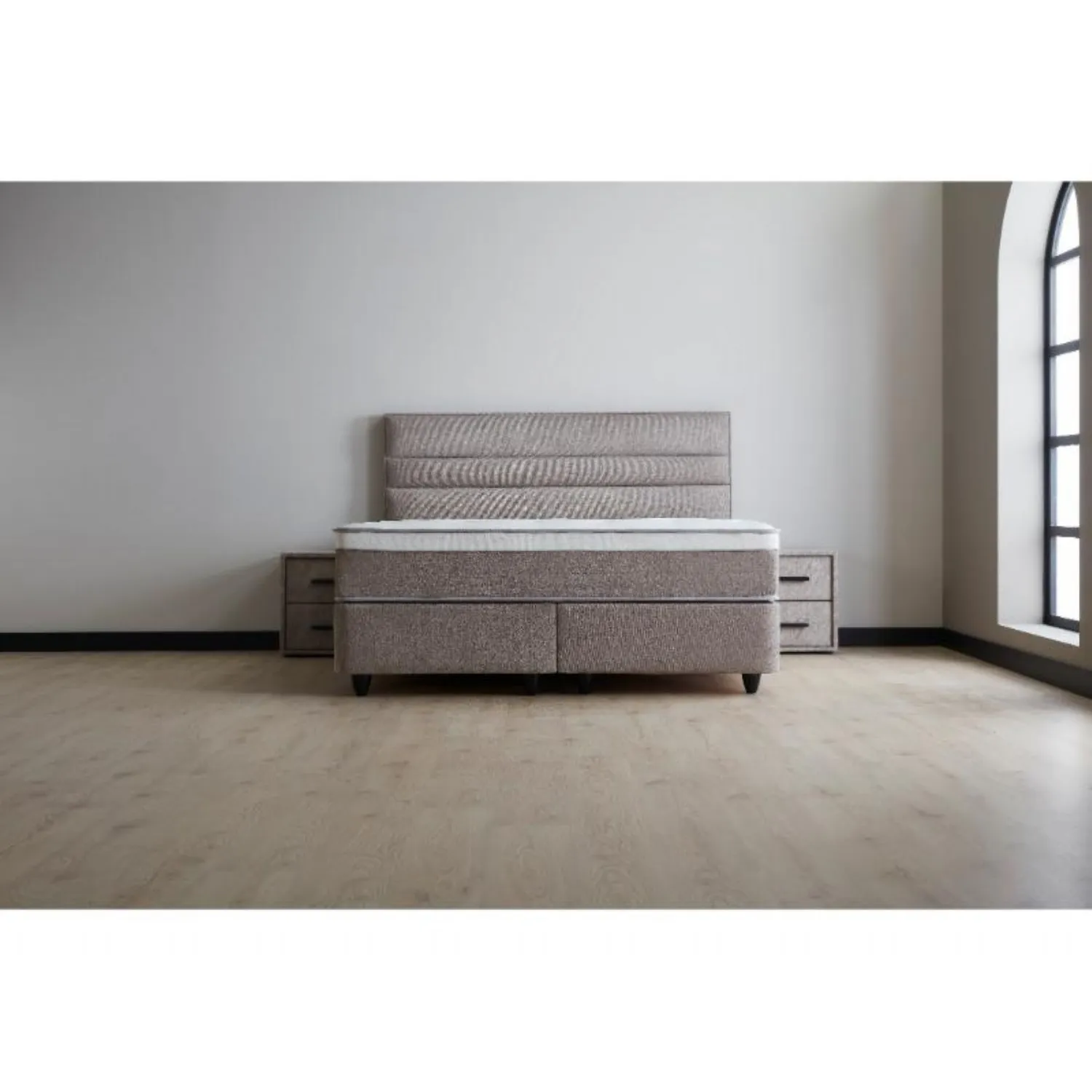 Oatmeal Fabric King Size Storage Ottoman Bed