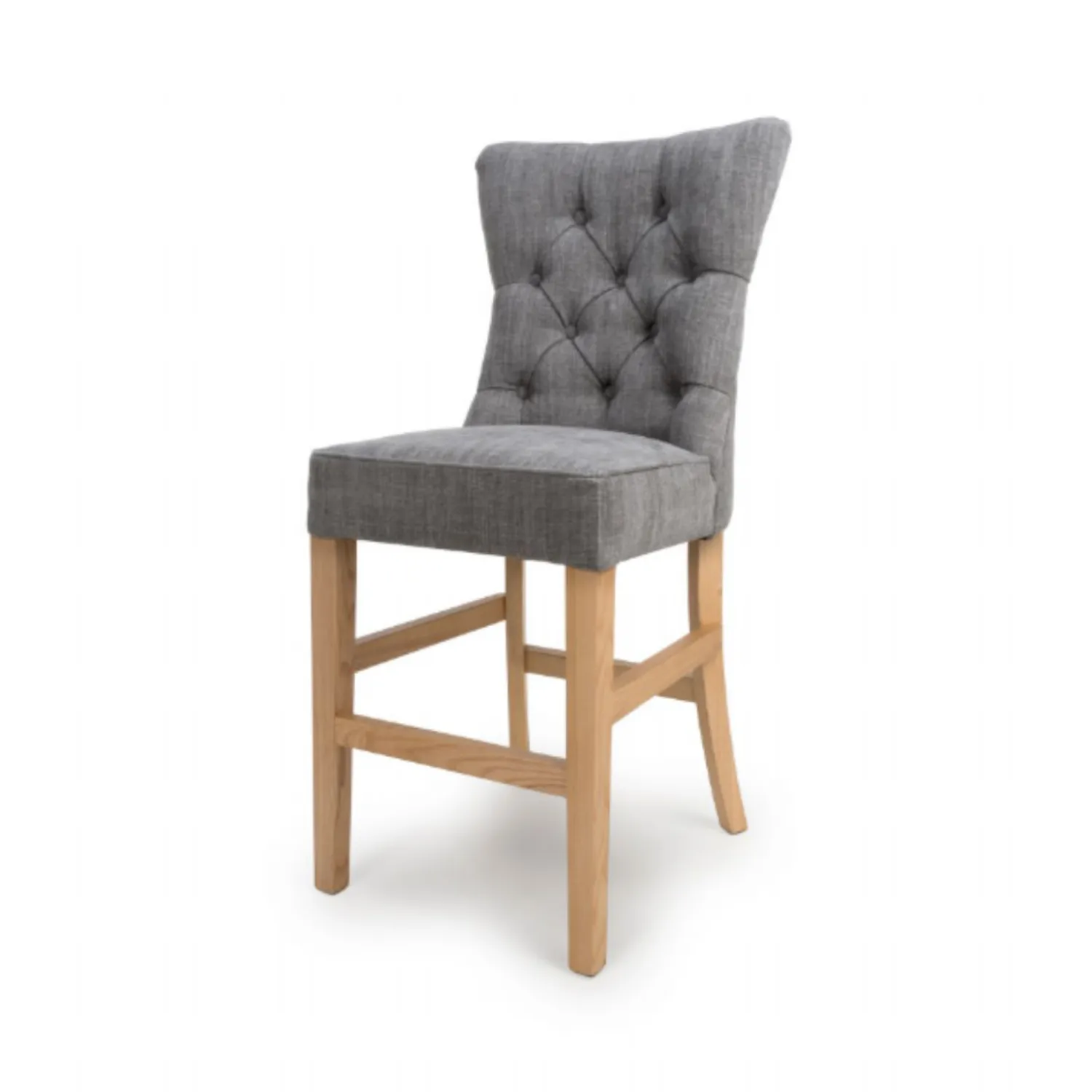 Grey Fabric Buttoned Bar Stool Oak Legs with Foot Rest