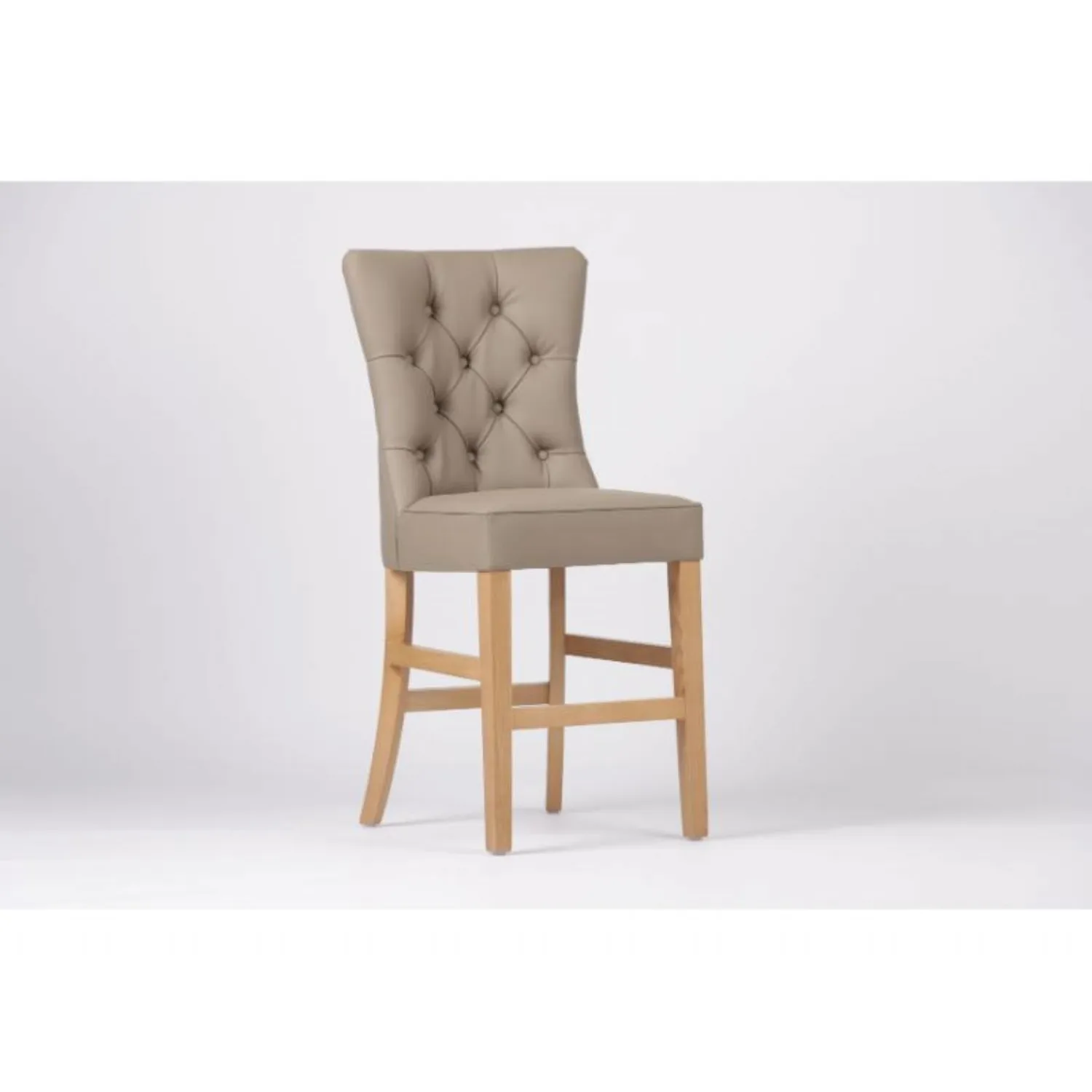 Taupe Leather Buttoned Bar Stool Chair with Oak Legs
