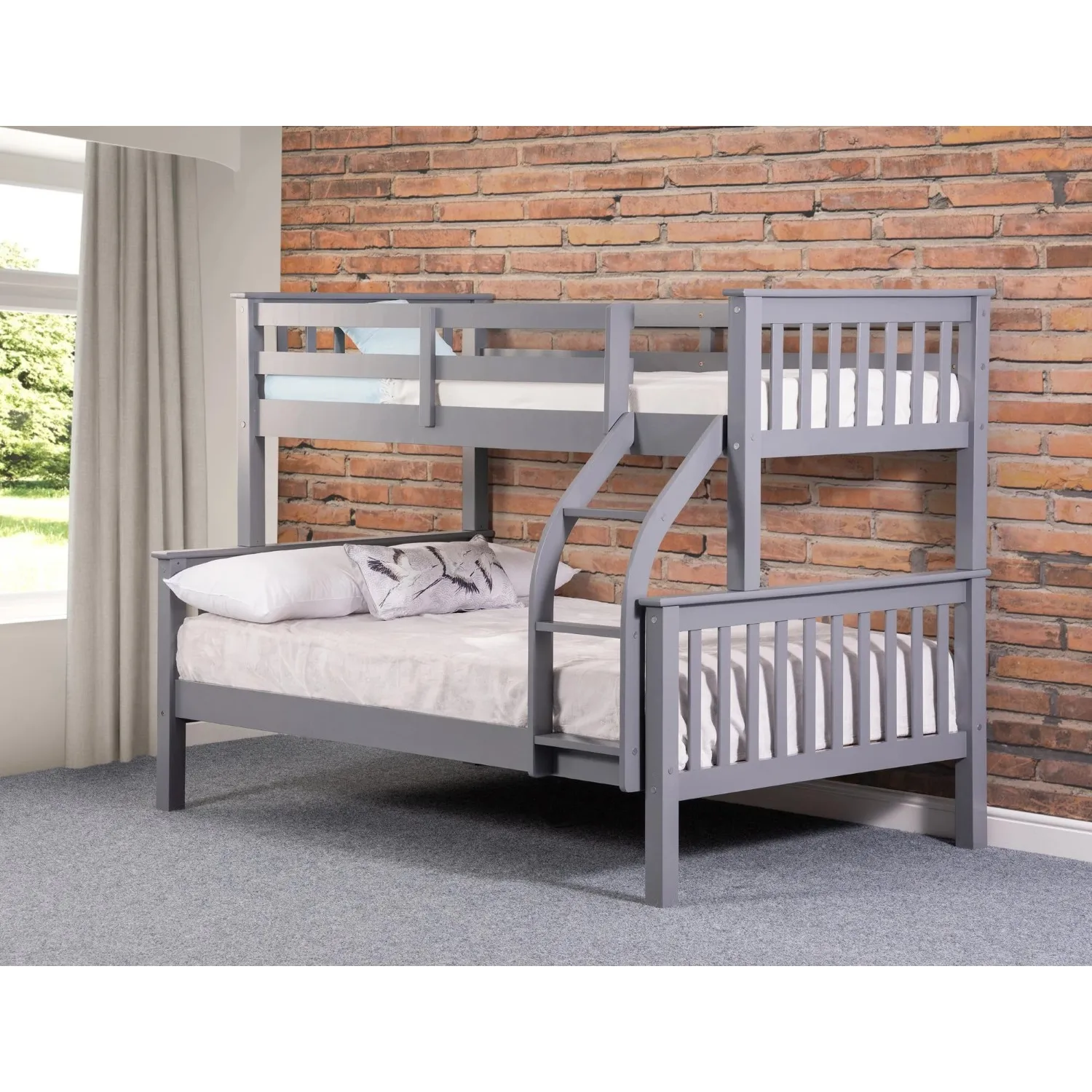 Grey Painted Wooden Triple Sleeper Children Kids Bunk Bed Frame Small Double