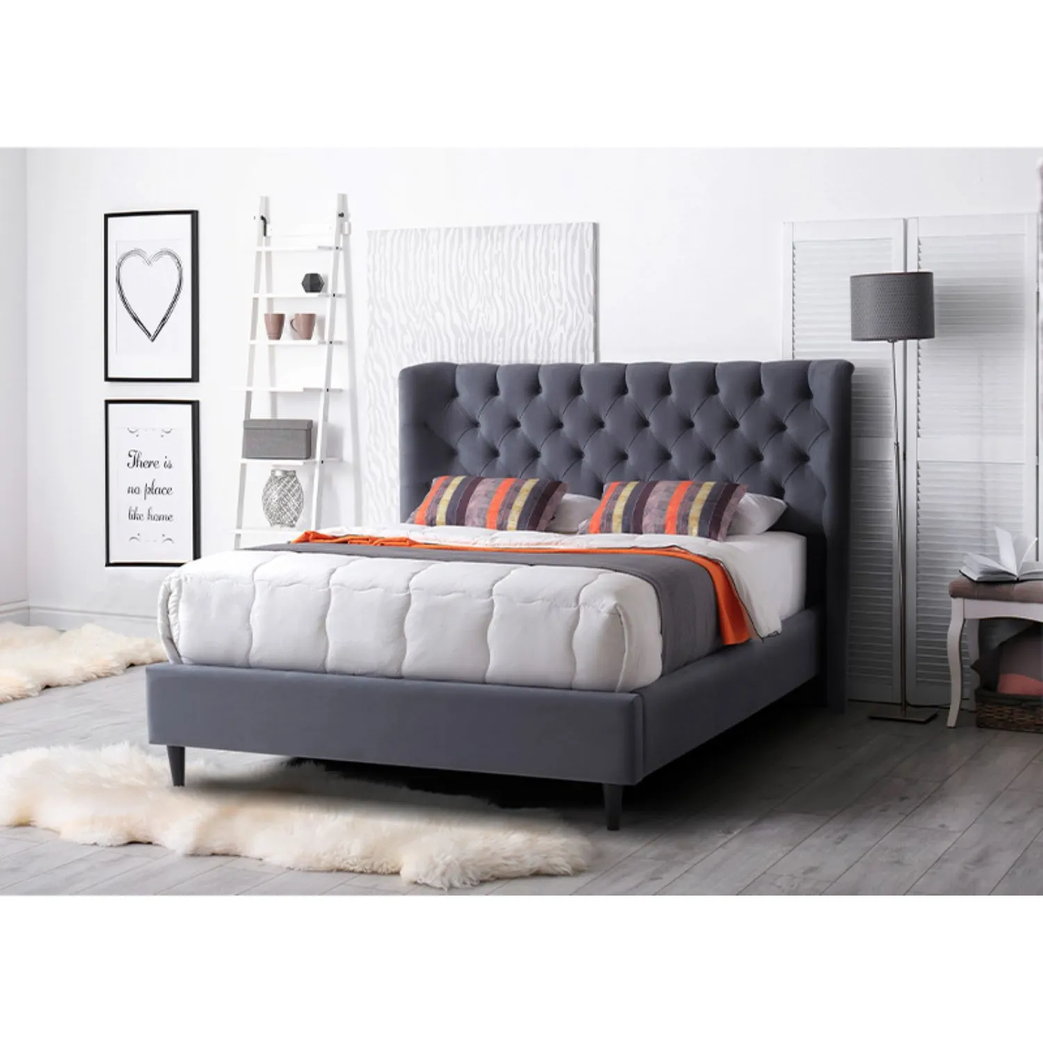 Grey Fabric Buttoned Super King Size Bed
